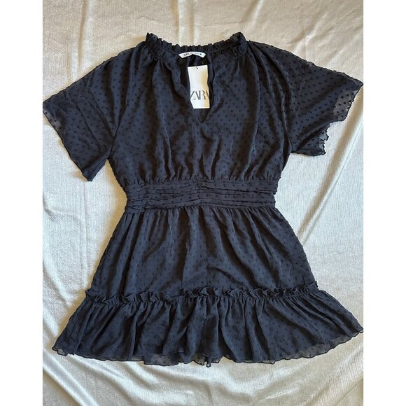 Zara Dresses & Skirts - NEW ZARA POLKA DOT MINI DRESS VNeck Ruffle Short Sleeve Sheer Tulle Sz XL Trendy